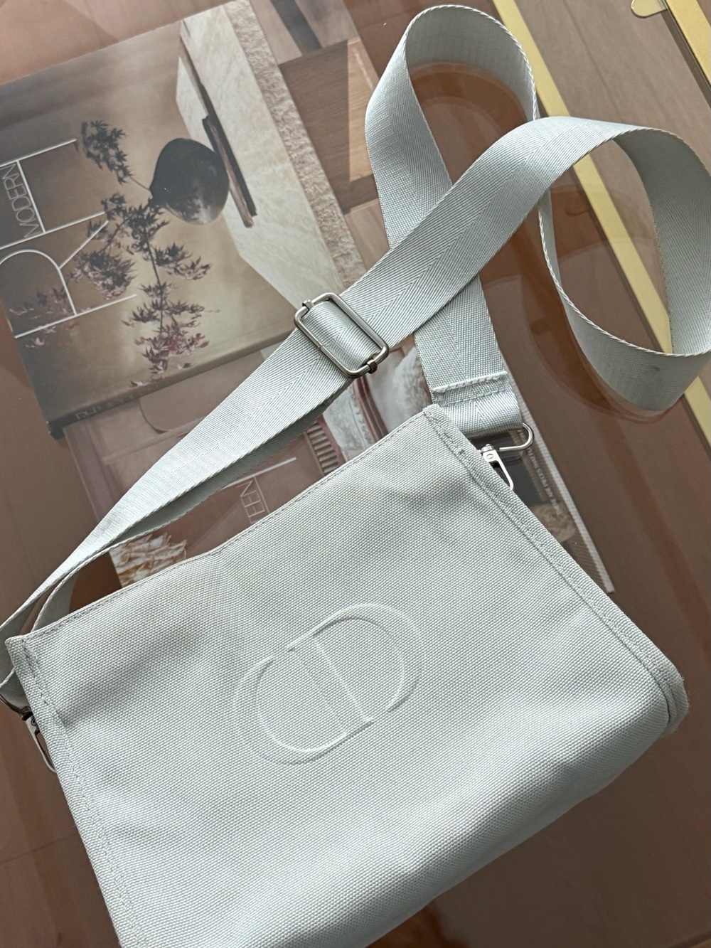Dior Light Gray Canvas Crossbody Bag with Embossed CD Logo